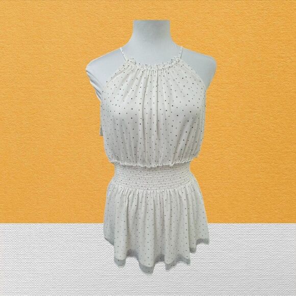 Express Tops - Express Top Sz M NWT Ivory Polka Dots Halter  Smocked Sleeveless Peplum Lined